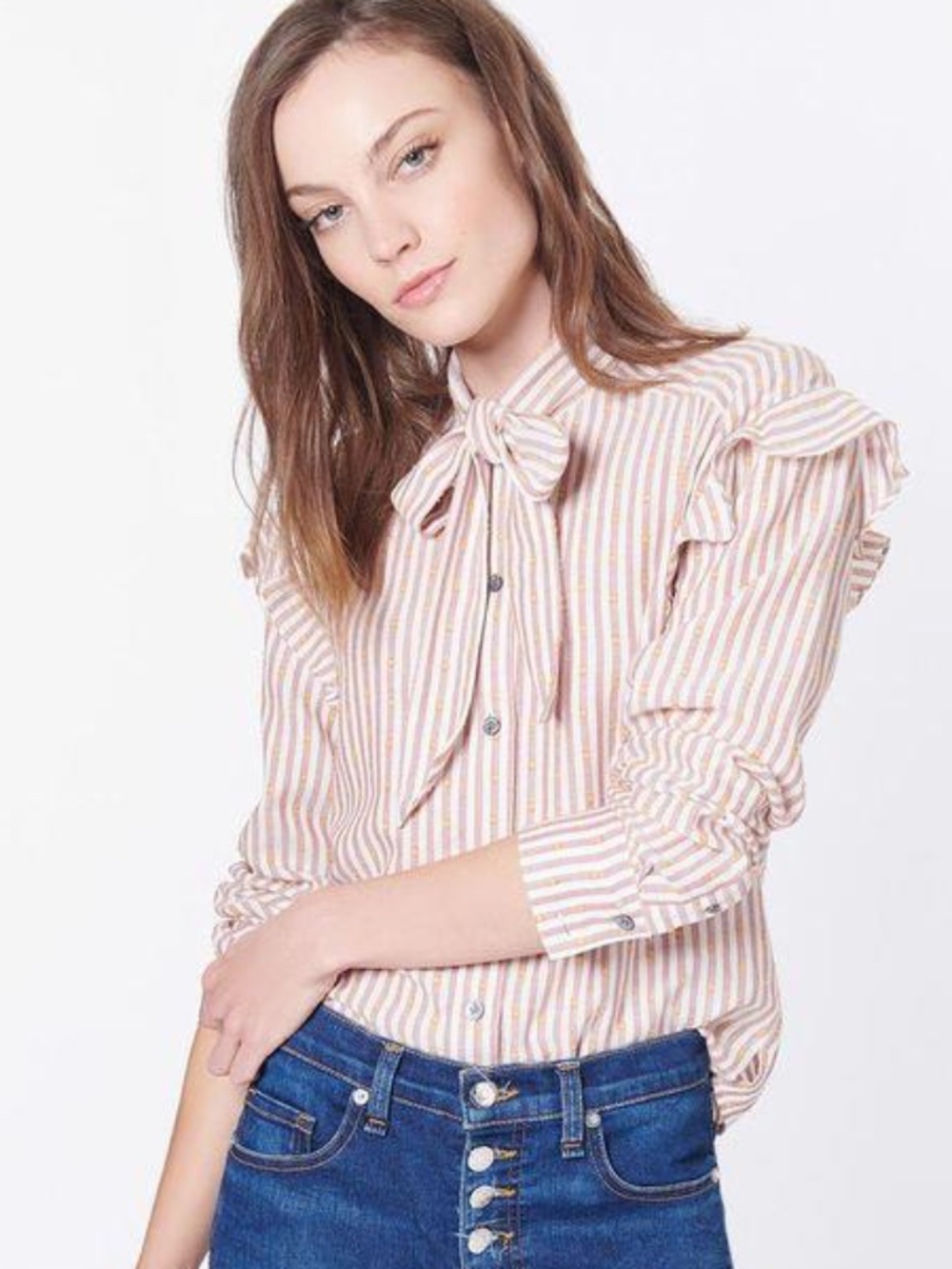 VERONICA BEARD Atlas Stripe Cotton Blend Shirt w/ Shoulder Ruffles &Neck Ties/ 4